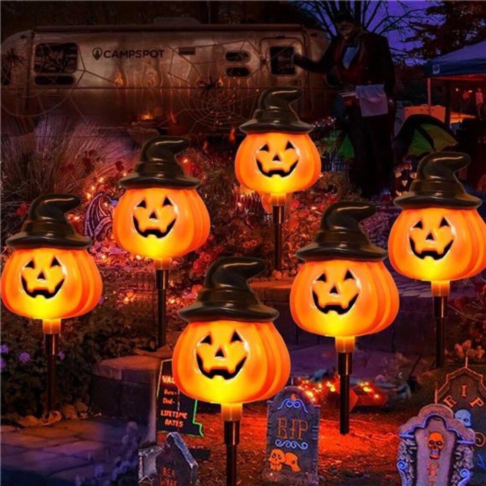 6 Pack Solar Jack O Lantern Stake String Lights - Orange Halloween Pathway